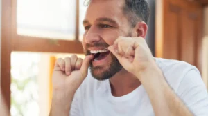 Mann som bruker tanntråd mellom tennene